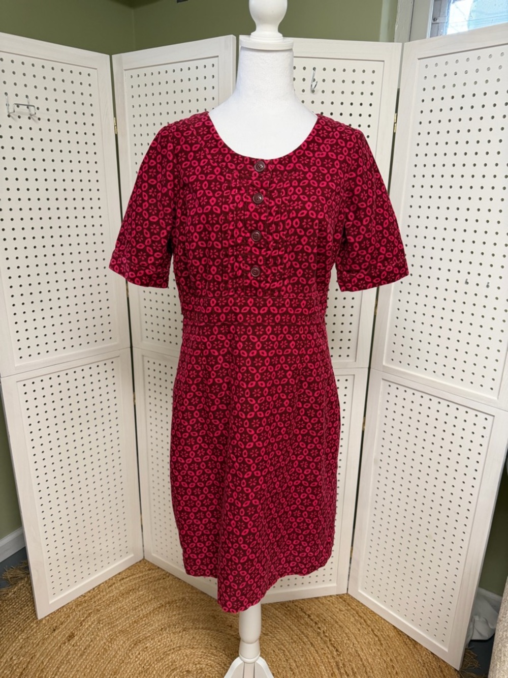 Boden Burgundy Floral Midi Corduroy Cotton Dress Womens US 8 UK 12 Spring Preppy